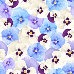 Fototapety  Vector seamless pattern with blue, purple and white pansy flowers.