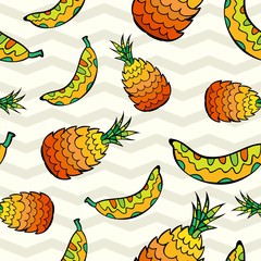 Seamless pattern with ornate pineapple and banana at light chevron pattern.
