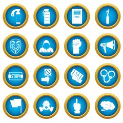 Protest icons blue circle set