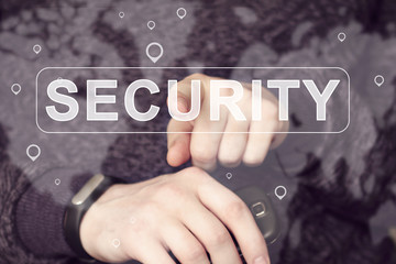 Businessman pushing button security map cooperation security.