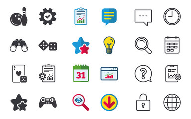 Bowling and Casino signs. Video game joystick.