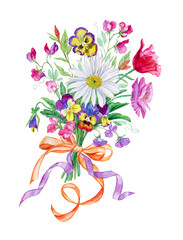 Obraz na płótnie Canvas Bouquet of summer flowers with chamomile, watercolor drawing on white background, isolated with clipping path.