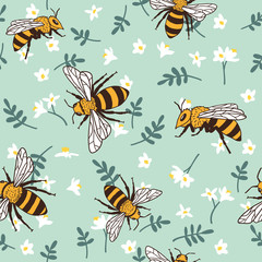 Vector seamless pattern with bees, leaves and flowers. Black and yellow texture