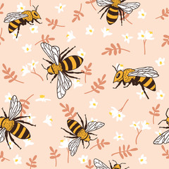 Vector seamless pattern with bees, leaves and flowers. Black and yellow texture