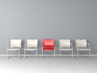 One red chair between white chairs in the waiting room 3D render