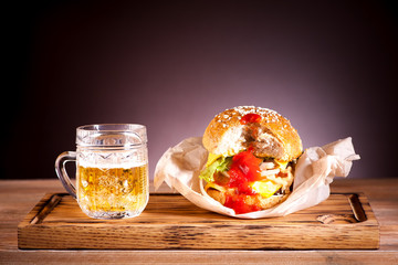 cheeseburger burger and beer mug
