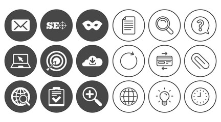 Internet, seo icons. Checklist, target signs.