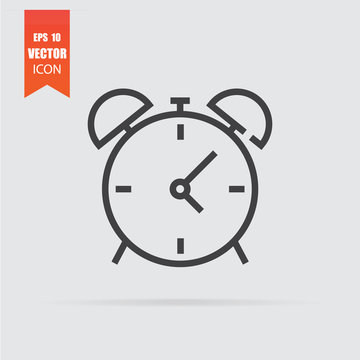 Alarm clock icon in flat style isolated on grey background.