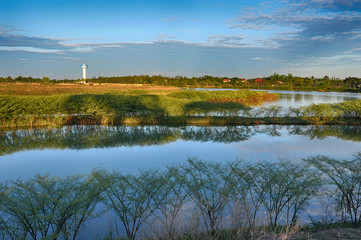 scenery of lake and small island in sunrise