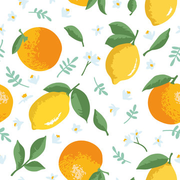 Vector summer pattern with lemons, oranges, flowers and leaves. Seamless texture design.