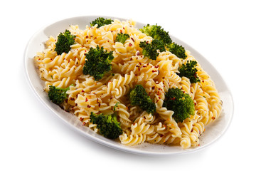 Pasta with herbs and broccoli on white background