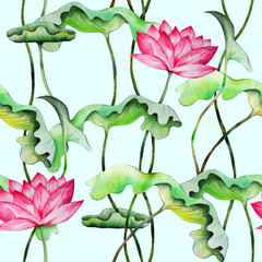 Elegant seamless pattern with pink lotuses. Watercolor painting of water lily with green leaves.
