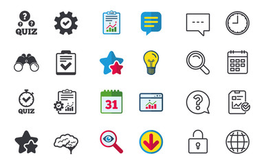 Quiz icons. Checklist and human brain symbols.