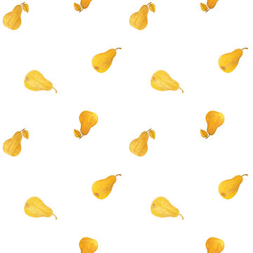 Seamless pattern with beautiful golden pears and leaves on white background. Watercolor painting
