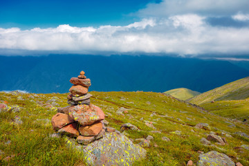 Mountain landscape, stone towers, summer in the Caucasus