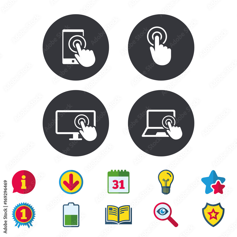Poster touch screen smartphone. hand pointer symbols.
