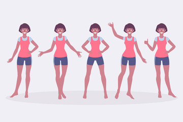 Fototapeta premium Set of full length woman in casual clothes wear or in sportswear. Different poses of sportswoman.