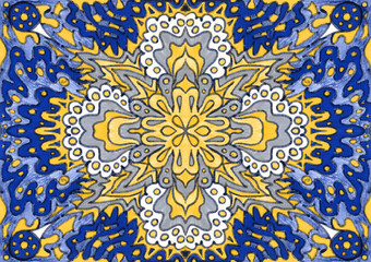 Ethnic ornament seamless pattern inspired by fusion of Ukrainian, Indian and Mexican traditional motifs, blue and yellow colors felt-tip pens doodle drawing