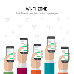 the concept of peoples dependence on social networking and Internet access. People are holding smartphones in access the Internet network Wi-Fi.