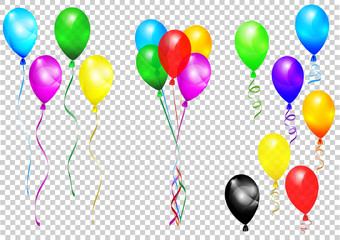 Bunches and groups of colorful helium balloons isolated on transparent background. Vector illustration, eps 10