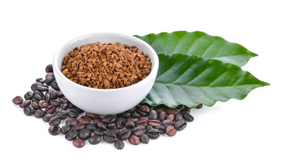coffee beans and leaf on white background