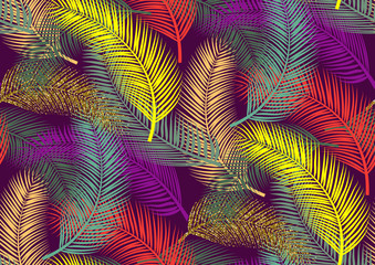 Seamless pattern with trendy tropical summer motifs, exotic leaves and plants.