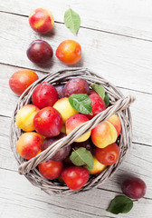 Fresh ripe peaches and plums in basket