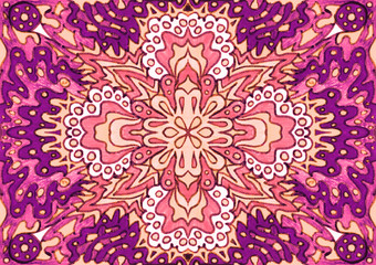 Ethnic ornament seamless pattern inspired by fusion of Ukrainian, Indian and Mexican traditional motifs, purple and pink colors felt-tip pens doodle drawing