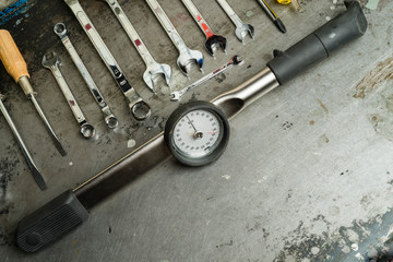 Mechanical hand tools set on grunge metal background