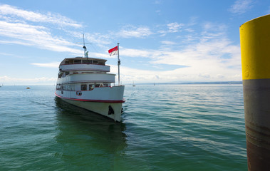Excursion boat comes to landing stage  of Hagnau - Hagnau, Lake Constance, Baden-Wuerttemberg,...
