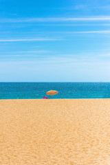 Fototapeta na wymiar drapeau vert et parasols sur la plage