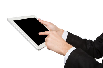 Male hands holding digital tablet with blank screen isolated on white