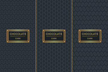 Chocolate Package set design template vector. Collection of seamless patterns for dark luxury label. Tag for royal cocoa products, sweet desserts, cafe and candy shop.
