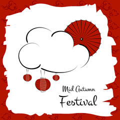 Mid Autumn Festival vector (Chuseok). Festive illustration with red paper umbrella as moon, cloud and hanging lanterns. Design for background, greeting card, banner, flyer or wallpaper.