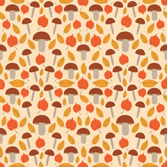 Fototapeta na wymiar Autumn forest pattern vector seamless. Gold tree leaves and mushrooms background. Nature print for seasonal banner, kids wallpaper, natural package, wrapping paper or thanksgiving card template.