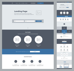 One page design template for business. Landing page wireframe. Ux ui: about, advantages, video, subscribe, features, testimonials, order, gallery, works, certificates, partners, contacts, email, form.