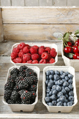 Raspberries, blueberries, blackberries and cherries in carton boxes