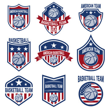 Set of american basketball team labels. Emblems with basketball balls