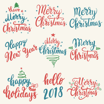 Merry Christmas, Happy New Year. Set of hand drawn lettering isolated on white background.