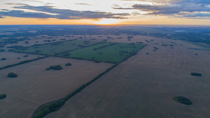 Wheat fields. Beautiful scenery from a height in sunset time. Photos from the height
