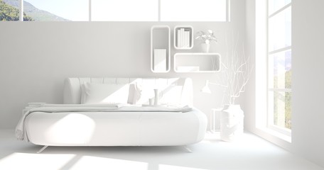 Naklejka na ściany i meble Inspiration of white minimalist bedroom with summer landscape in window. Scandinavian interior design. 3D illustration