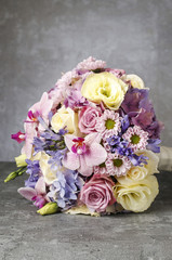 Lovely bouquet of pink orchids, chrysanthemums and hortensias