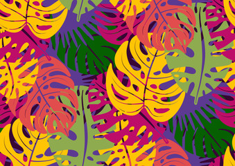 Seamless pattern with trendy tropical summer motifs, exotic leaves and plants.