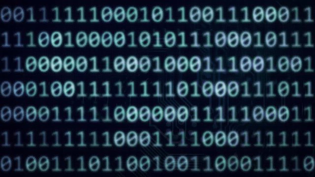 Random binary code looping on dark blue screen