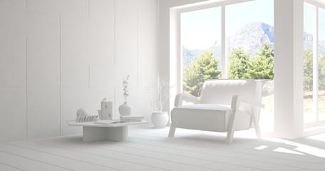 Obraz na płótnie Canvas White room with armchair and summer landscape in window. Scandinavian interior design. 3D illustration