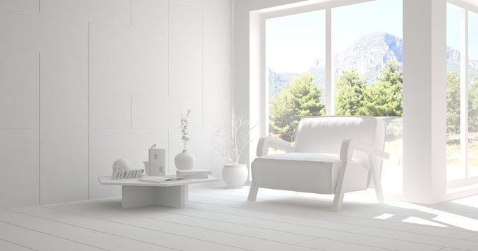 White room with armchair and summer landscape in window. Scandinavian interior design. 3D illustration