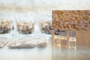 coffee tasting with reference flavor and roasted bean. aroma perception in coffee. bottle of fragrance for taster to smell aromatic. cupping examination