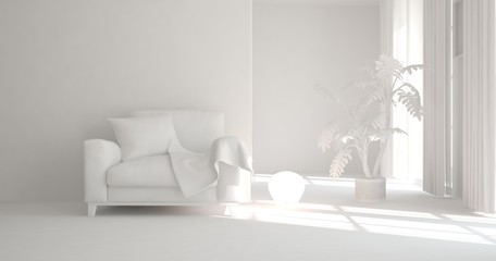 White minimalist room with armchair. Scandinavian interior design. 3D illustration