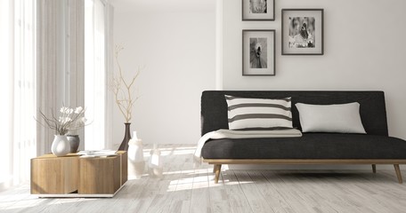 Inspiration of white minimalist room with black sofa. Scandinavian interior design. 3D illustration