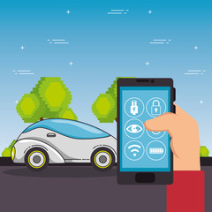 Futuristic car and smartphone of transportation vehicle and automobile theme Vector illustration
